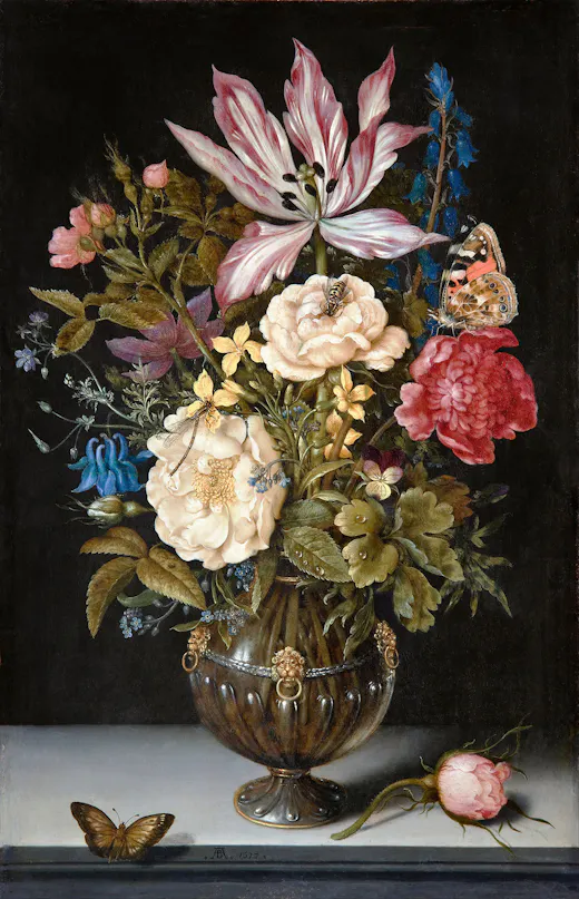 A painting by Ambrosius Bosschaert called "Still Life with Flowers." A floral arrangement in a decorative vase, featuring various flowers and insects, including butterflies and a bee, set against a dark background.