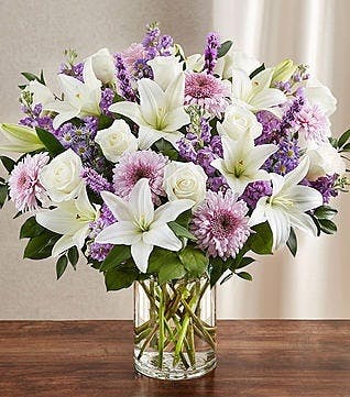 Elegant Funeral Vase in Lavender & White