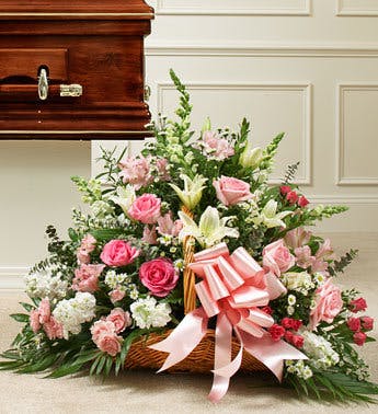 Pink and White Sympathy Flowers, Fireside Funeral Basket Atlanta