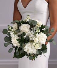 Bridal Bouquet - Loose Design Style of White Hydrangea, Roses & Eucalyptus