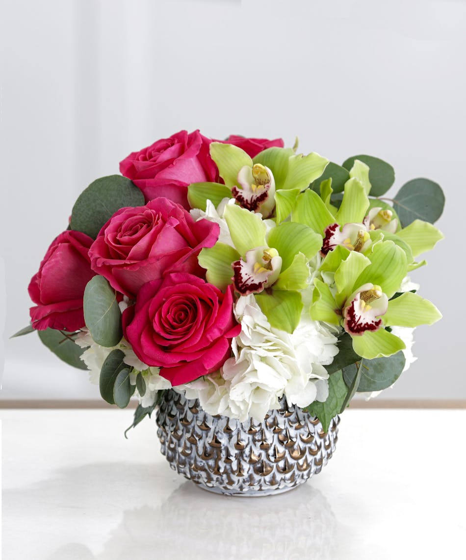 Buckhead Blooms Arrangement, Hydrangea, Roses, Orchids, in a keepsake decor container