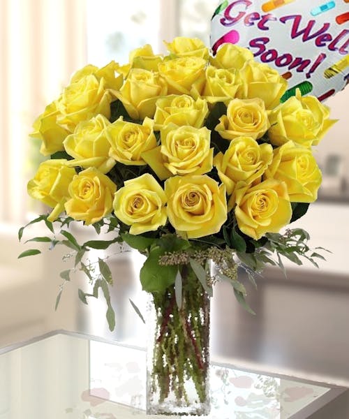 Yellow Roses with Get Well Soon Mylar Pink Roses for Get Well Soon and