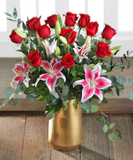 Red Roses & Stargazer Lilies - Gold Vase