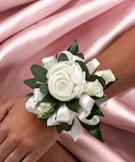 White Spray Roses & Ranunculus Wrist Corsage