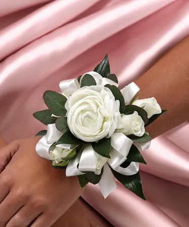 White Spray Rose and Ranunculus Wrist Corsage