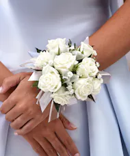 White Sweetheart Rose Wrist Corsage with Babies Breath