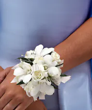White Spray Roses and White Dendrobium Orchids with Rhinestones - Wrist Corsage