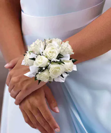 White Sweetheart Wrist Corsage by Carithers Flowers