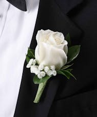 White Rose Boutonniere with Babies Breath