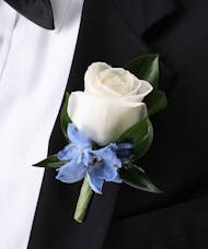White Rose Boutonniere with Blue Delphinium