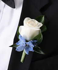 White Rose Boutonniere with Blue Delphinium