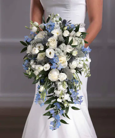 Bridal Cascade Bouquet of Blue and White Flowers
