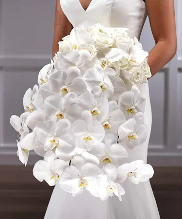 Bridal Orchid Cascade Bouquet of White Roses and Hydrangea