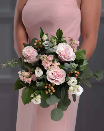 Bridesmaid PInk Boho Bouquet of pink roses, peach stock, berries and seasonal foliage