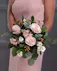 Bridesmaid PInk Boho Bouquet of pink roses, peach stock, berries and seasonal foliage