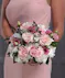 Bridesmaid Pink Pave Bouquet featuring pink roses, pink spray roses, white hydrangea and lisianthus