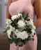 Bridesmaid White Loose Pave Style Bouquet of hydrangea, roses, stock and eucalyptus.
