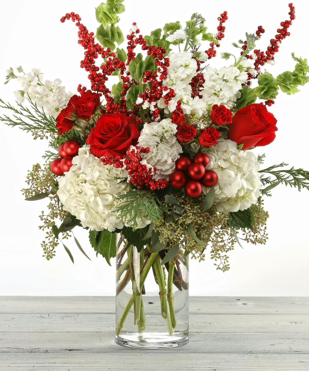 The Christmas Cheer fresh flower arrangement by Carithers Flowers Atlanta  Hydrangea, Roses 