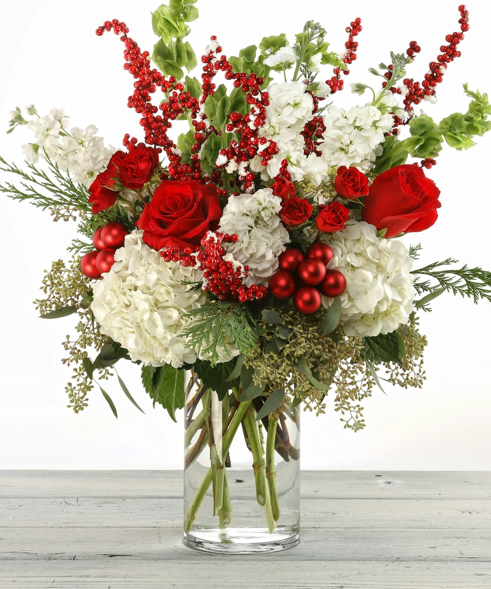 The Christmas Cheer fresh flower arrangement by Carithers Flowers Atlanta  Hydrangea, Roses 