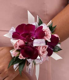 Pink Spray Roses & Purple Dendrobium Orchids Wrist Corsage