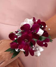 Purple Dendrobium Orchid Wrist Corsage with Pearls