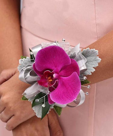 Purple Phalaenopsis Orchid Wrist Corsage with Rhinestones and Silver Ribbons