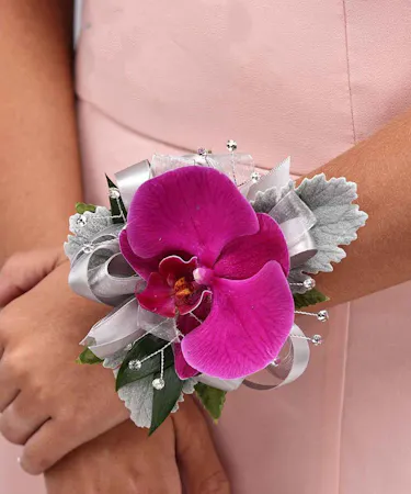 Purple Phalaenopsis Orchid Corsage with Dusty Miller and Rhinestones