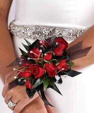 Red Sweetheart Spray Rose Wrist Corsage w Sheer Black Ribbon & Rhinestones