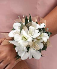 White Dendrobium  Orchid Wrist Corsage with Rhinestone Jewels