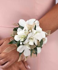 White Dendrobium Orchid Wrist Corsage with Gold Sheer Ribbon