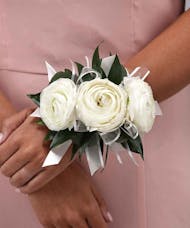 White Ranunculus Wrist Corsage with Sheer Ribbon Accents