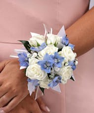 White Spray Roses & Blue Delphinium Wrist Corsage
