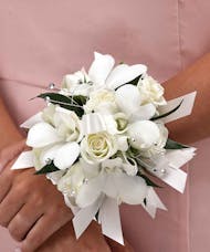 White Spray Roses and White Dendrobium Orchids with Rhinestones - Wrist Corsage