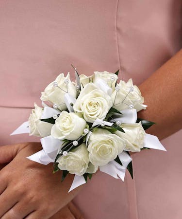 White Spray Rose Wrist Corsage with White Satin Ribbons & Pearls