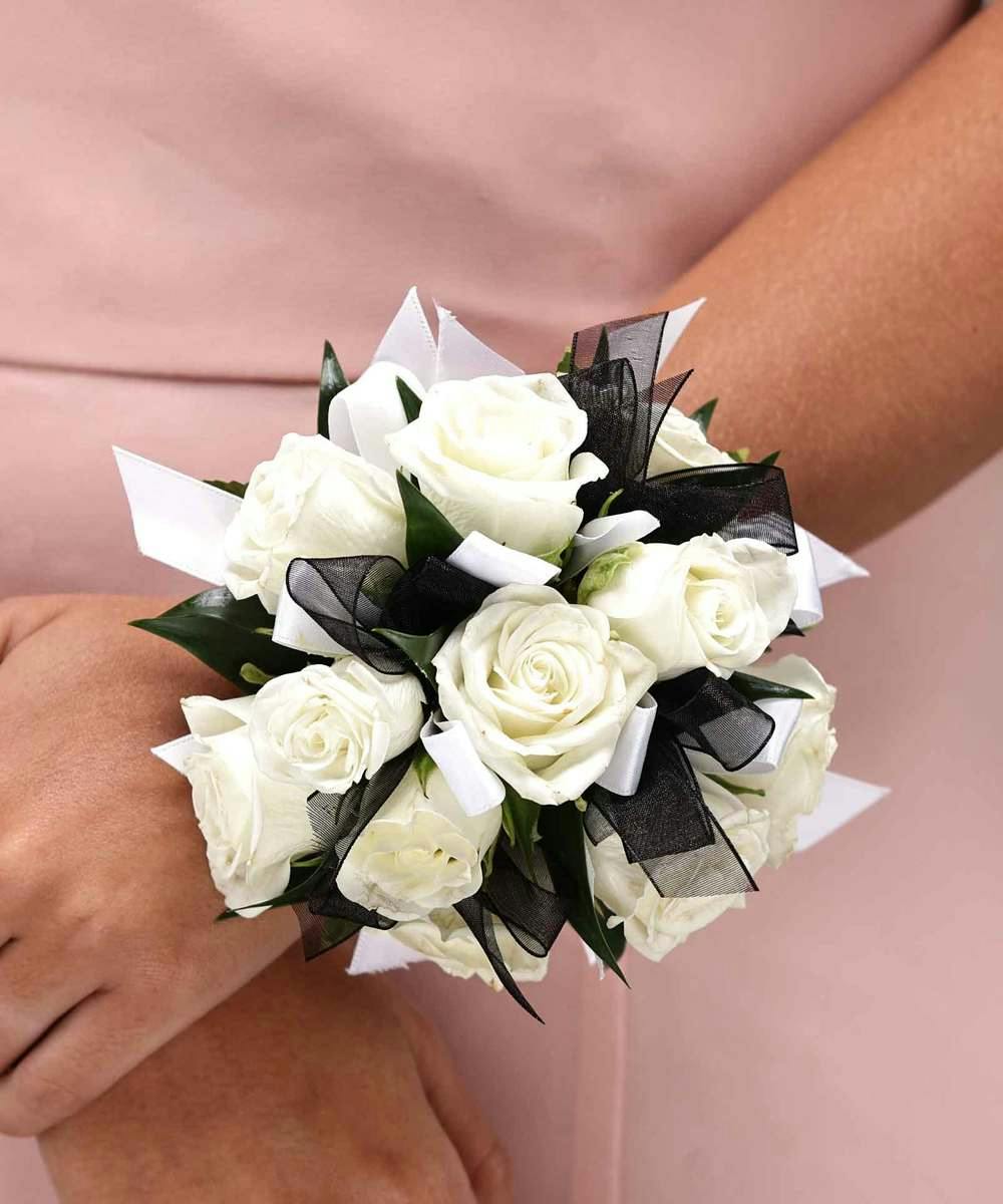 White Rose Corsage With Black Ribbon
