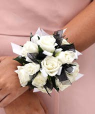 White Sweetheart Rose Wrist Corsage with Black Ribbon Accents