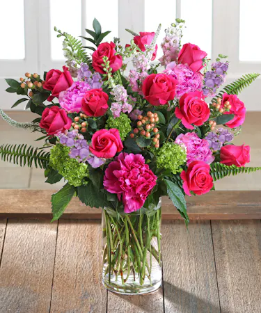 Lush Pink Roses Garden featuring pink Ecuadorian roses, peonies, hydrangea, larkspur and fragrant stock