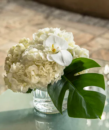 Mayfair Table Centerpiece in pedestal container featuring white seasonal flowers