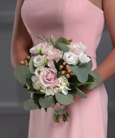 Pink Nosegay featuring Hydrangea, Roses, lisianthus and eucalyptus