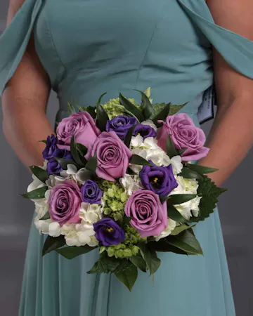 Bridesmaid Lavender Pave Bouquet featuring hydrangea and roses