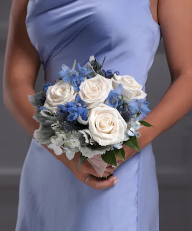 Blue and White Nosegay featuring Hydrangea, Roses, Delphinium, Thistle and Foliage