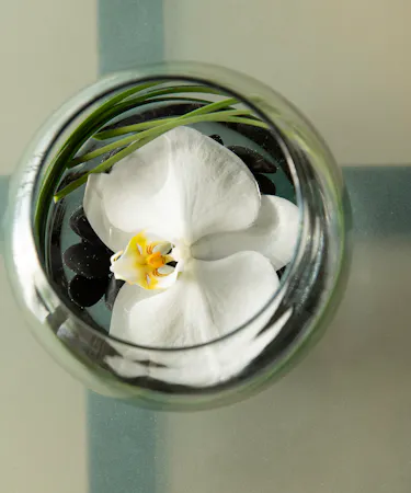 Mayfair Table Centerpiece in pedestal container featuring white seasonal flowers