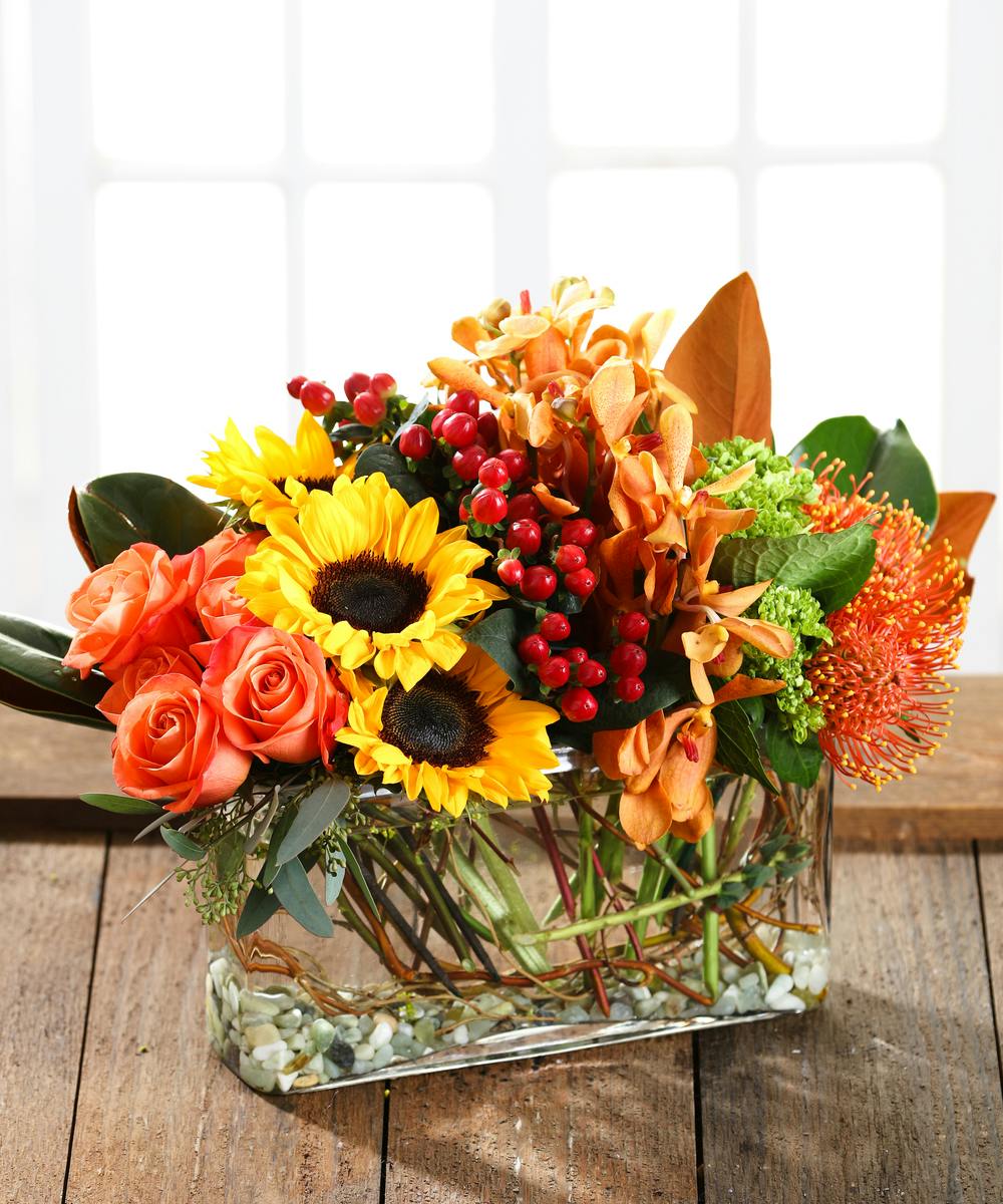 Luxury Fall Flowers, sunflowers, roses, orchids, hydrangea & protea by
