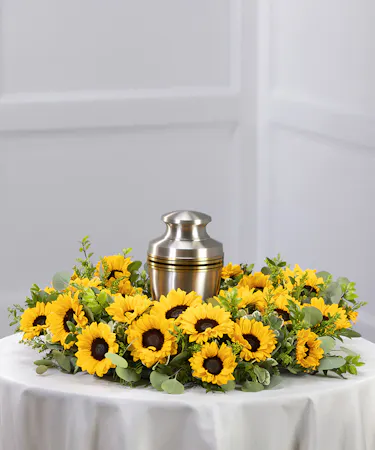 Sunflower Garden Cremation Wreath featuring a floral wreath of sunflowers and seasonal foliage