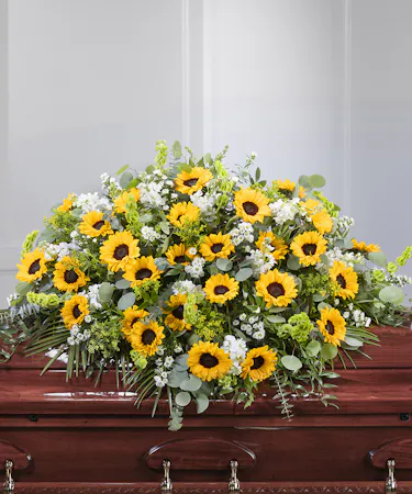 Sunflower Garden Floral Casket Cover Blanket featuring sunflowers, snapdragons, bells of Ireland and field flowers