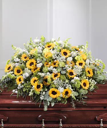 Sunflower Garden Floral Casket Cover Blanket featuring sunflowers, snapdragons, bells of Ireland and field flowers