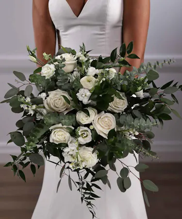 Bridal Bouquet - white boho bouquet of roses, stock, lisianthus, ranunculus, and eucalyptus