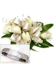 Deluxe White Sweetheart Rose Wrist Corsage, Satin Ribbon w/ Pearls