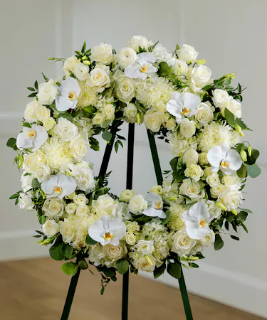 Sympathy Standing Floral Wreath of White Garden  Flowers