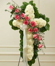 Funeral Standing Cross with 12 Pink Roses